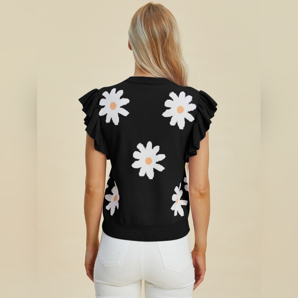 Double Take Full Size Ruffled Flower Round Neck Cap Sleeve Sweater - Picture 7 of 11